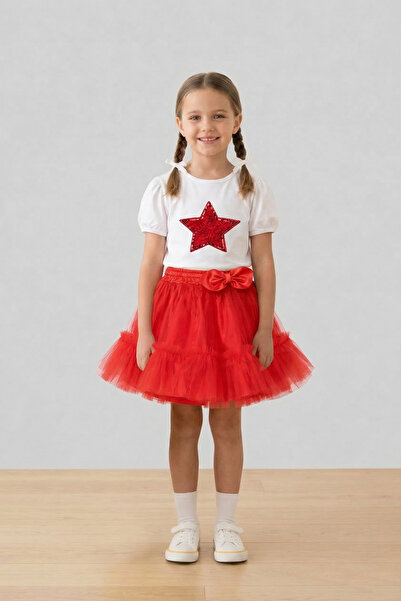nacar çarşı Girls' Red Star T-Shirt Red Ruffle Tutu Skirt April 23Rd Show Outfit