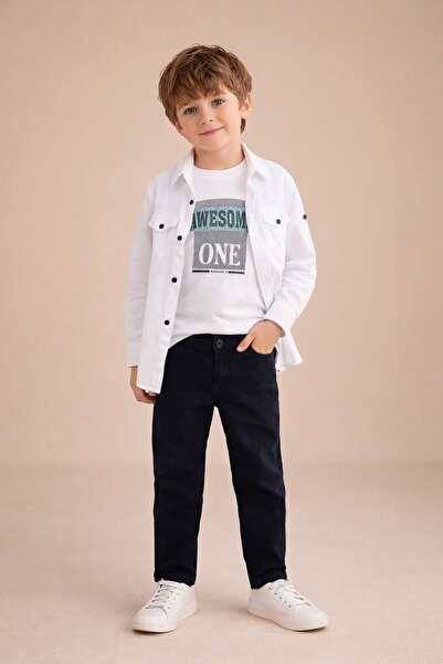 Cansın Mini Navy Blue Linen Boys' 3-Piece Set with Pants and Long Sleeve Shir...