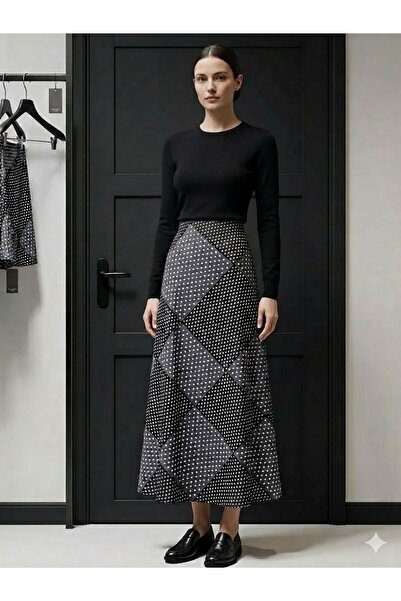 Lunea Womens Women's Black Gray Polka Dot in Drapey Satin Skirt