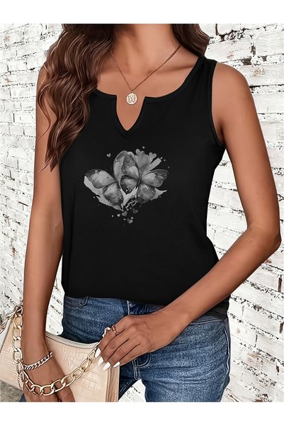 Deocept Women's Butterfly Printed Half V-Neck Sleeveless Regular Fit Casual T-Shirt