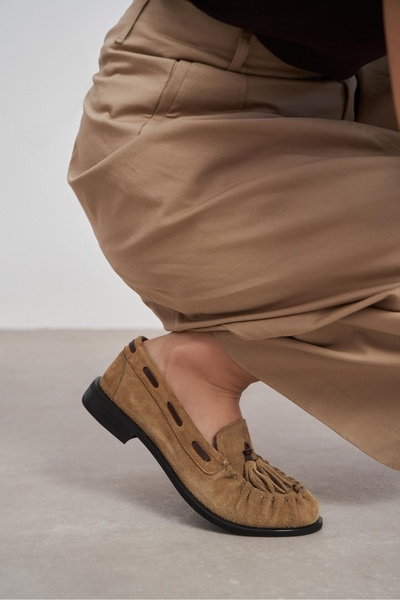 NİŞANTAŞI SHOES Dery Rome Beige Suede Genuine Leather Tassel Detailed Flat So...