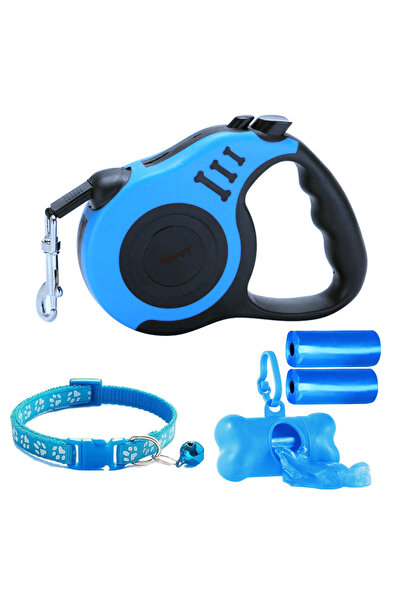 Ropet Retractable dog leash with collar and waste bag dispenser set, Blue