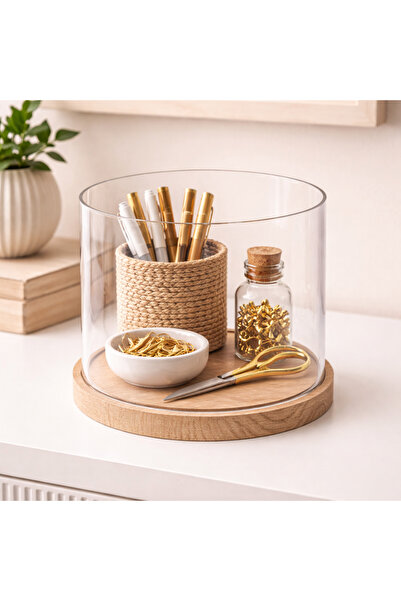 PLEXIROM Tube storage box with oak wood base ø15xh 10cm