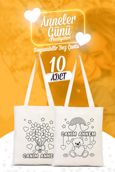 Pamusan Boyanabilir Canım Annem Ham Bez Çanta - 35x40 cm - AYICIK ÇİÇEK Desenli 10 ADET