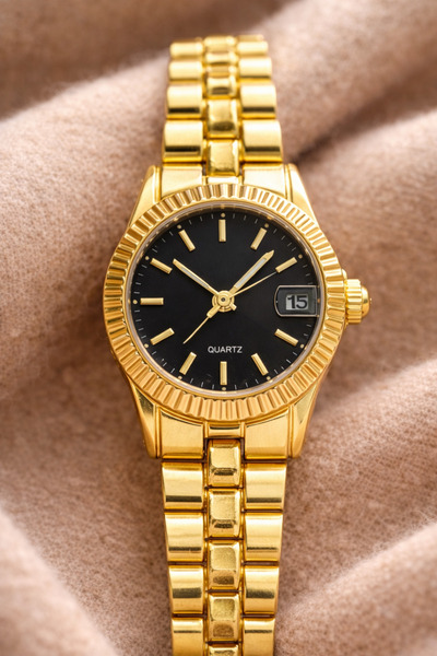 İnogge Piatek Gold Round Calendar Minimal Black Dial Luxury Women's Wristwatc...