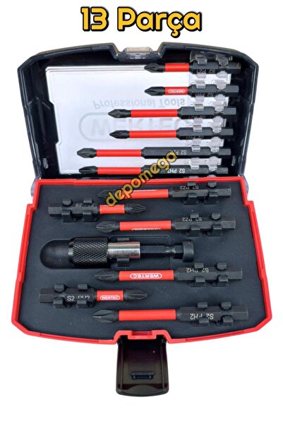 DepoMega 13 Parça Vidalama Bits Uç Seti Mıknatıslı Özel Kutulu Uzatma Adaptörlü
