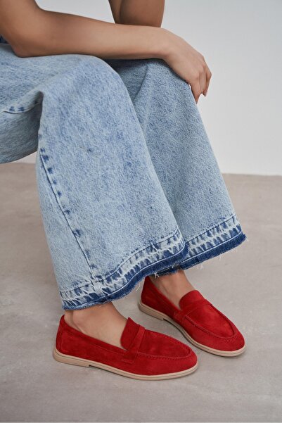 NİŞANTAŞI SHOES Bery Red Genuine Suede Leather Flat Sole Women's Loafers