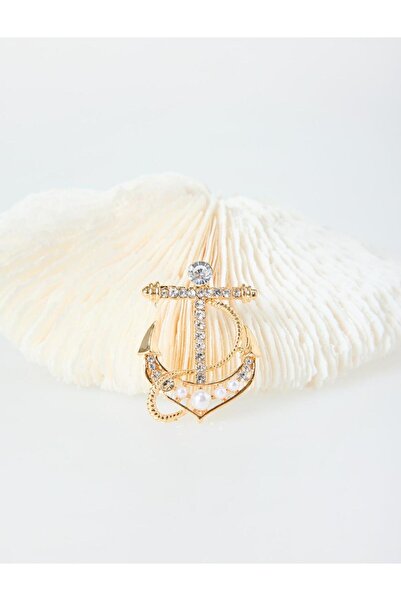 Jimmy Key Gümüş Rengi Çapa Figürlü Parlak Taşlı Broş