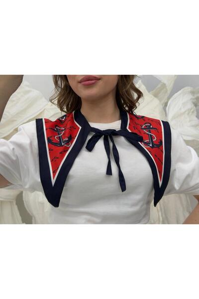 Luminos Butik Women's Navy Blue Tie-Detail Patterned Collar Shoulder Scarf Yk006