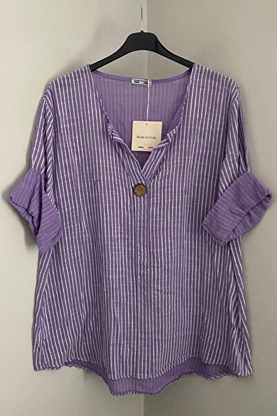AYASOFYA OTANTIK Women's Italian Lilac Striped 3/4 Sleeve Loose 100% Cotton B...