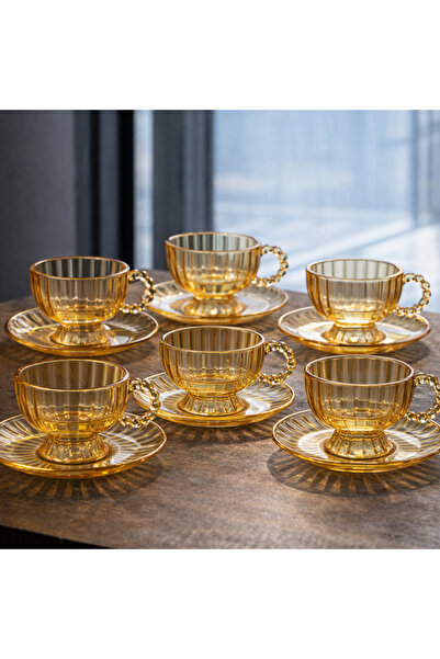 sahane & bazaar 6’lı Çay Kahve Fincan Takımı Cam Fincan Seti Bal ve Füme Renk