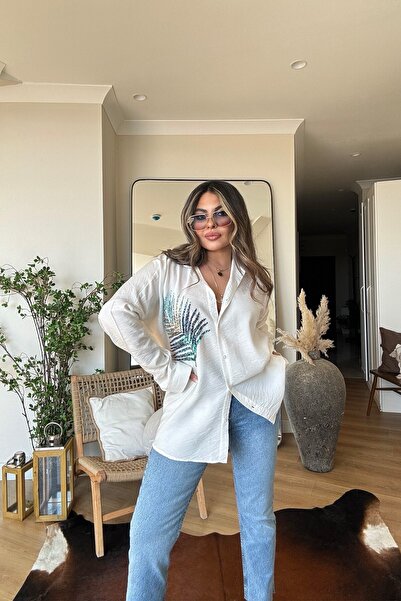 Sohotique By P Sequined Feather Detail Voile Shirt Ecru