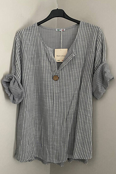 AYASOFYA OTANTIK Women's Italian Gray Striped 3/4 Sleeve Loose 100% Cotton Bl...