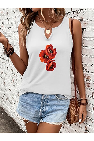 mercoledi تي شيرت نسائي مزين بالزهور مطبوع بفتحة رقبة على شكل حرف V بدون أكما...