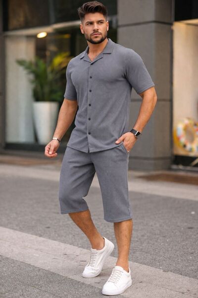 zs zaos fashion Waffle Men's Shorts Shirt Set Cotton Pieces Textured Quality ...