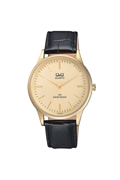 Q&Q Ceas C214J100Y, carcasa aurie, 40mm, cadran auriu, curea piele neagra