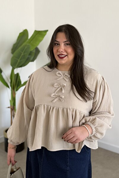 CHUL BÜYÜK BEDEN KADIN MÜSLİN FIRFIR VE KURDELE DETAYLI BLUZ
