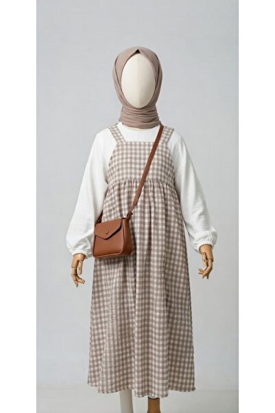 settare Kız Çocuk Vizon Ekose Askılı Jile Elbise