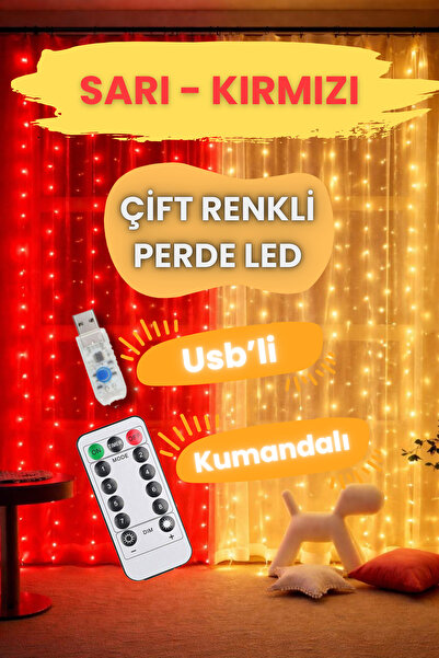 TrendDeco Sarı Kırmızı Çift Renkli Perde Led Usbli Animasyonlu Taraftar Kutla...