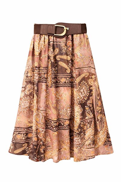 Mixray 4872 تنورة نسائية متوسطة الطول بحزام ونقشة شال باللون البني