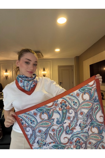 Luminos Butik Women's Patterned Satin Neck Scarf Bandana Orange Blue Ecru