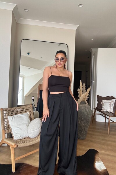 Sohotique By P Matte Satin Elastic Waist Palazzo Trousers Black