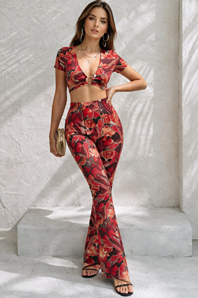 Trend Mixs Women's Red Patterned Two-Piece Set C Cropped Blouse High Waist I ...