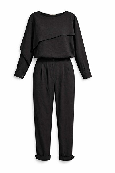 Mixray 4836 women's asymmetric detailed blouse and pants two-piece set black