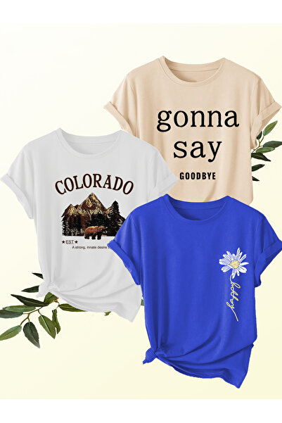 uyguntarz Set de tricouri cu design din 3 piese, unisex, bej, alb, albastru