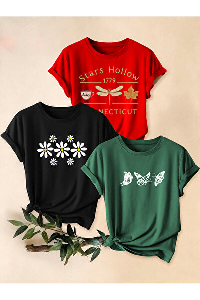 uyguntarz طقم تيشيرت بتصميم ثلاثي الألوان أحمر أسود أخضر للجنسين