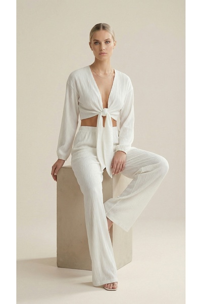 Butik Women's White Bürümcük Textured Tie-Detail Cropped Blouse High Waist Li...