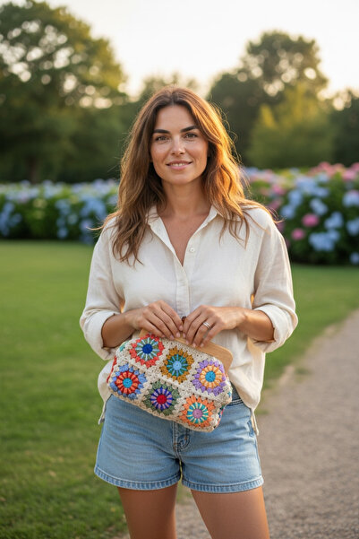 satürn hobi örgü tasarım Beige Color Wooden Scholarship Bag with Knitted Colo...