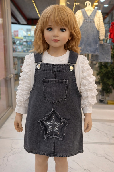 tiny kids Kız çocuk bluzlu taşlı kot salopet