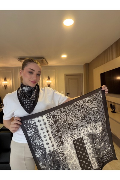 Luminos Butik Women's Patterned Satin Neck Scarf Bandana Black White