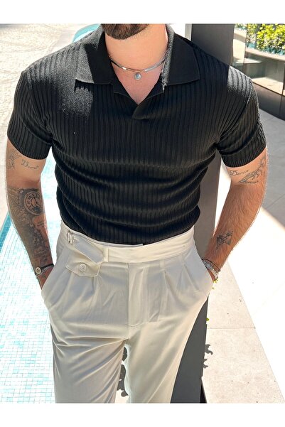 OUTFİT MAN Πλεκτό μπλουζάκι με λεπτή λικρά και λαιμόκοψη πόλο, μαύρο