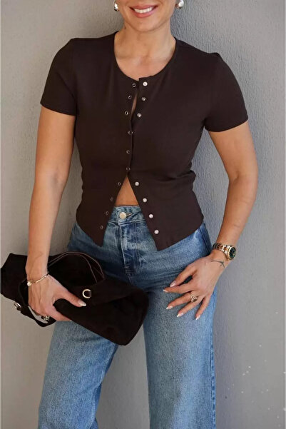 Coşkun GİYİM Women's Camisole Blouse with Snap Fasteners Brown 10882-1