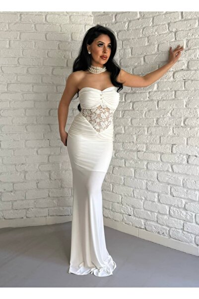 moneta boutique Women's Strapless Design Lace Detailed Long Dress