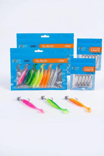 Exent 8 cm Silikon Yem Seti 20 Adet + Kurşun Kafalı Jig Head Kanca 10 Adet | ...