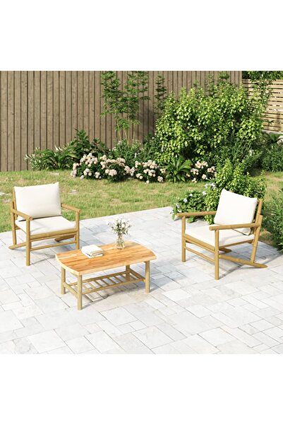 Concept Σετ επίπλων κήπου, με κρεμ λευκά μαξιλάρια, 3 τεμάχια, Μπαμπού