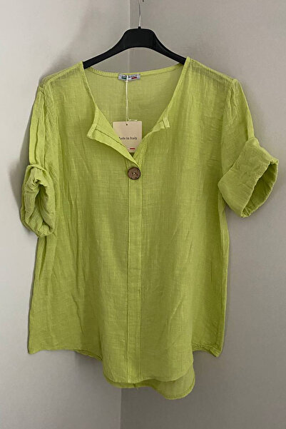 AYASOFYA OTANTIK Women's Italian Green Yellow Button Detailed 3/4 Sleeve Over...