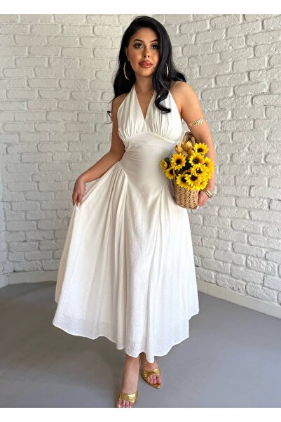 moneta boutique Women's Halter Neck Tie-Detail Midi Dress