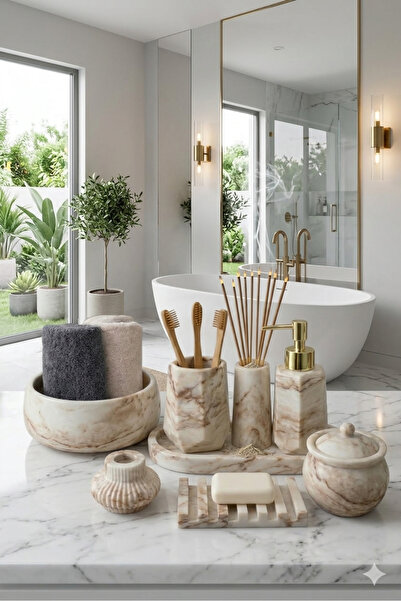 lufen deco Mermer Desenli Beton 8'li Banyo Wc seti Sıvı Katı Sabunluk Diş Fır...