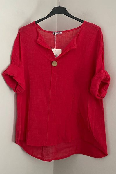 AYASOFYA OTANTIK Women's Italian Red Button Detailed 3/4 Sleeve Oversized Cas...