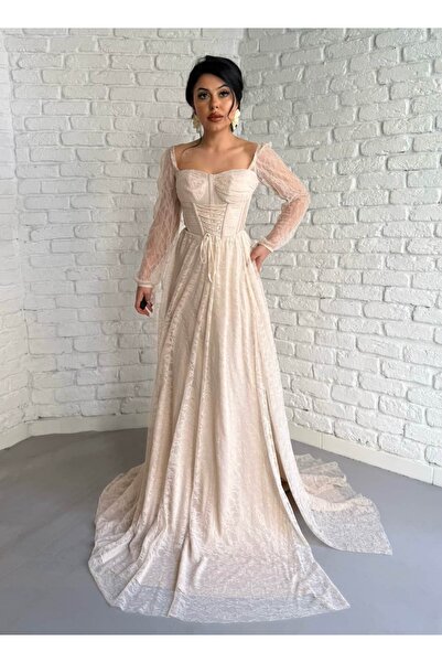 moneta boutique Women's Vintage Corset Detailed Slit Lace Long Dress