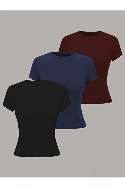 ALİ.COM Women's Basic Crew Neck Slim Fit T-Shirt Set of Three