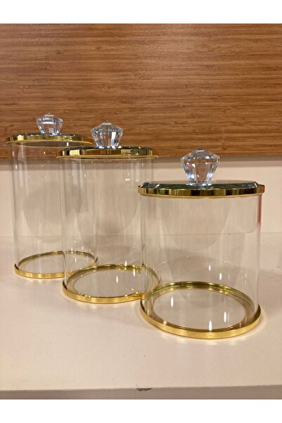 PLUS HOME Jar Set of 3 Gold Crystal and Brass Heights 16-14 and 12 cm Diamete...