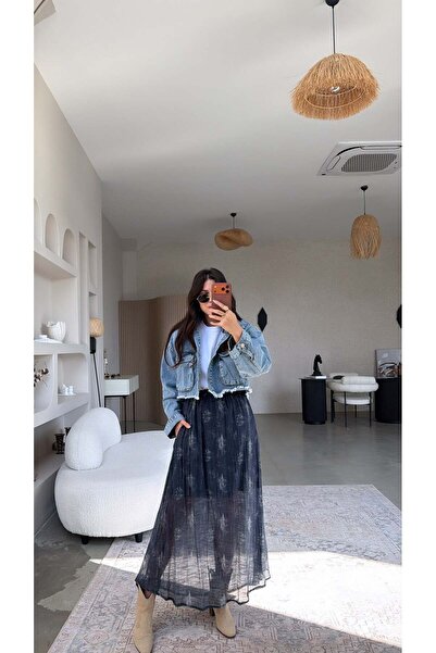 Buket Teke Lacivert Desenli Astarlı Massi Etek