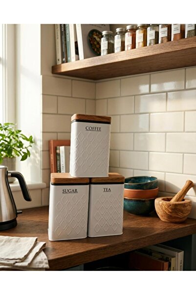 Buğra Home BAMBU GÖRÜNÜMLÜ KAPAK VE BEYAZ 3'LÜ KAVANOZ SETİ -1.120ML-