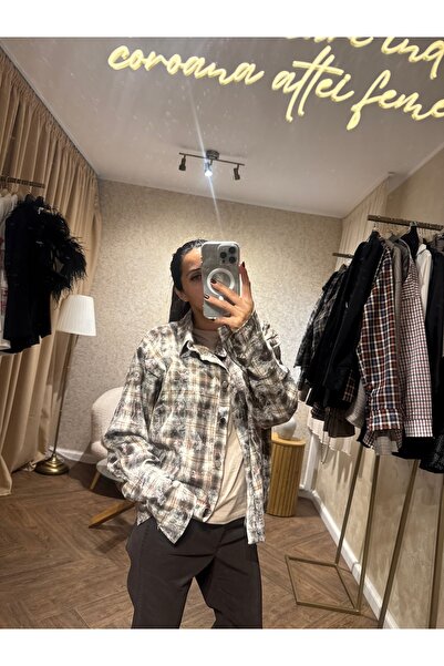 Classy Store Oversized Shirt with Neutral Checked Print and Denim Texture