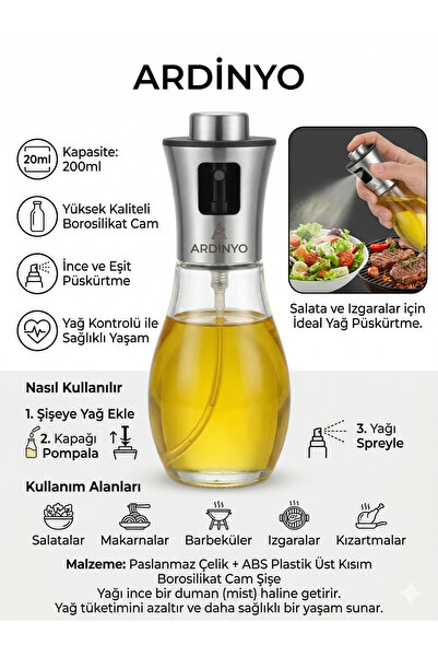 Ardinyo Cam Sprey Yağdanlık Paslanmaz Çelik Başlıklı 200 ml Airfryer Salata İ...